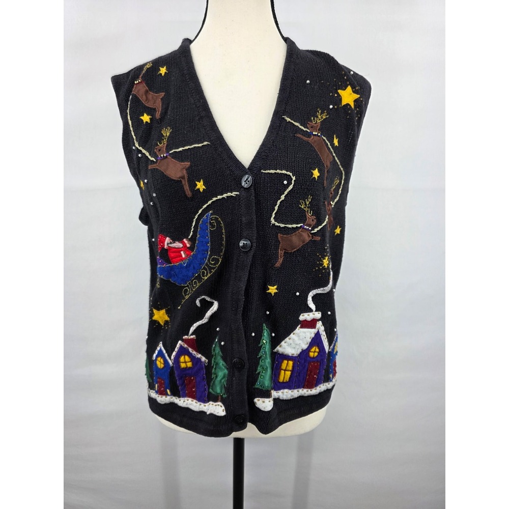 Bobbie Brooks Vintage Christmas Sweater Vest Black Reindeer Santa Village Medium